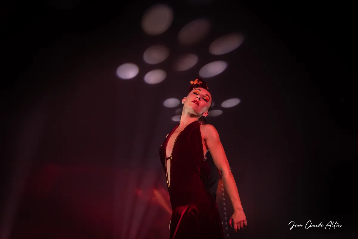 Danseuse en robe bordeaux, fleur dans les cheveux, cadrée sous des motifs lumineux blancs.