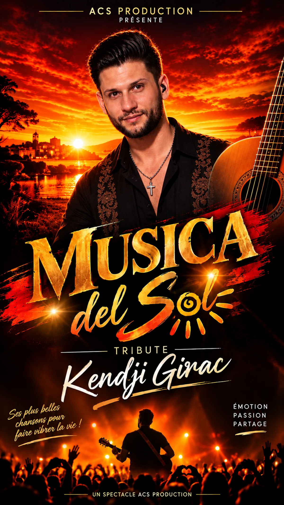 Affiche officielle Musica Del Sol — Tribute Kendji Girac, ACS Production : un guitariste devant un coucher de soleil et un public en concert
